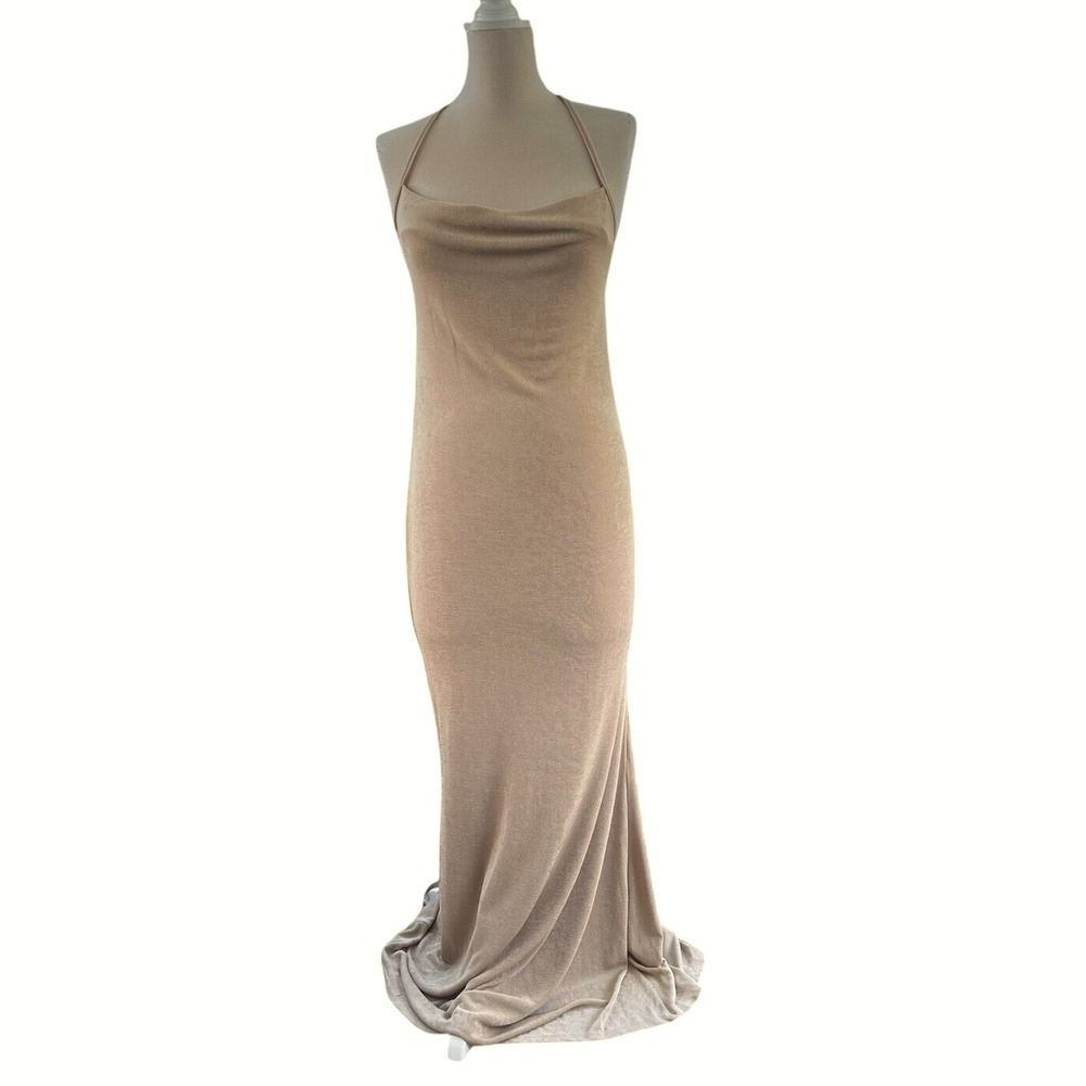 Cider Halter Minimalist Maxi Dress Velvet Khaki Bodycon Tie Back Cocktail Large‎